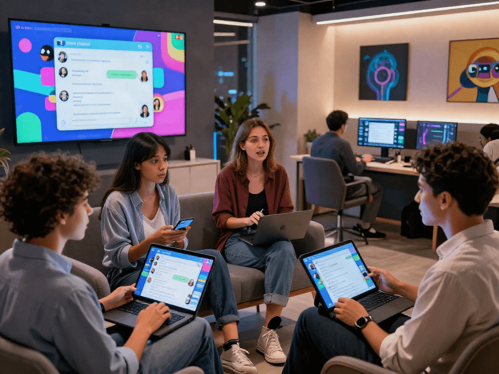 Engaged users in a digital chatroom discussing porn ai chat in a modern tech setting