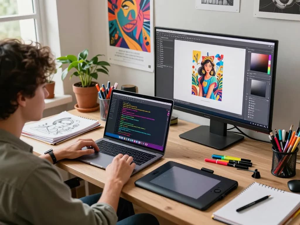 Digital artist utilizing the image prompt tool in a creative studio, illustrating the fusion of art and AI.