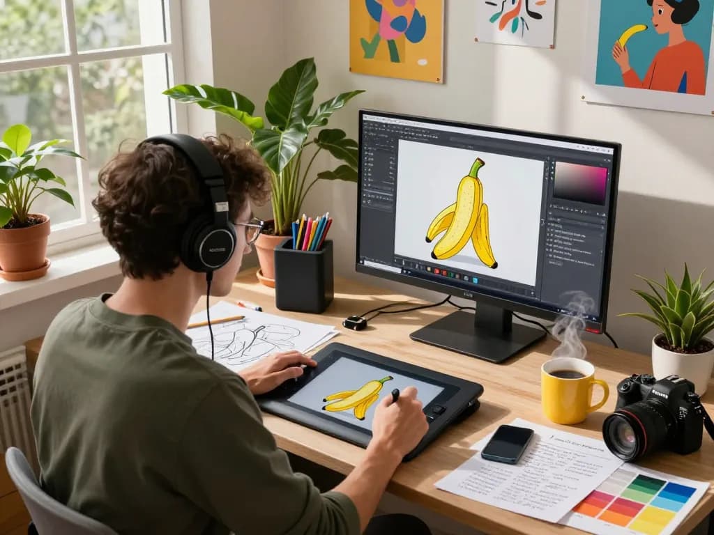 Creative workspace showcasing an artist using nano banana 2 for digital image editing with vibrant colors and tech.