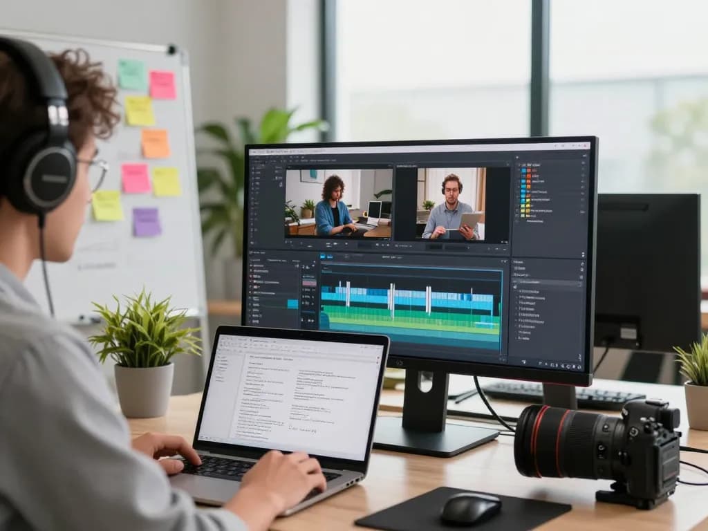 Video to prompt technology in action, showcasing a content creator analyzing video content in a modern workspace.