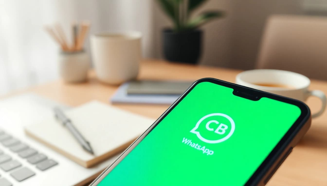 GB WhatsApp shown on a smartphone in a modern workspace, signifying advanced messaging options.