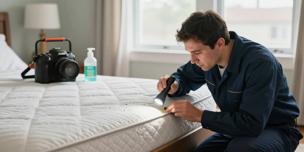 Expert conducting bed bug removal inspection in Milwaukee bedroom to ensure effective treatment.