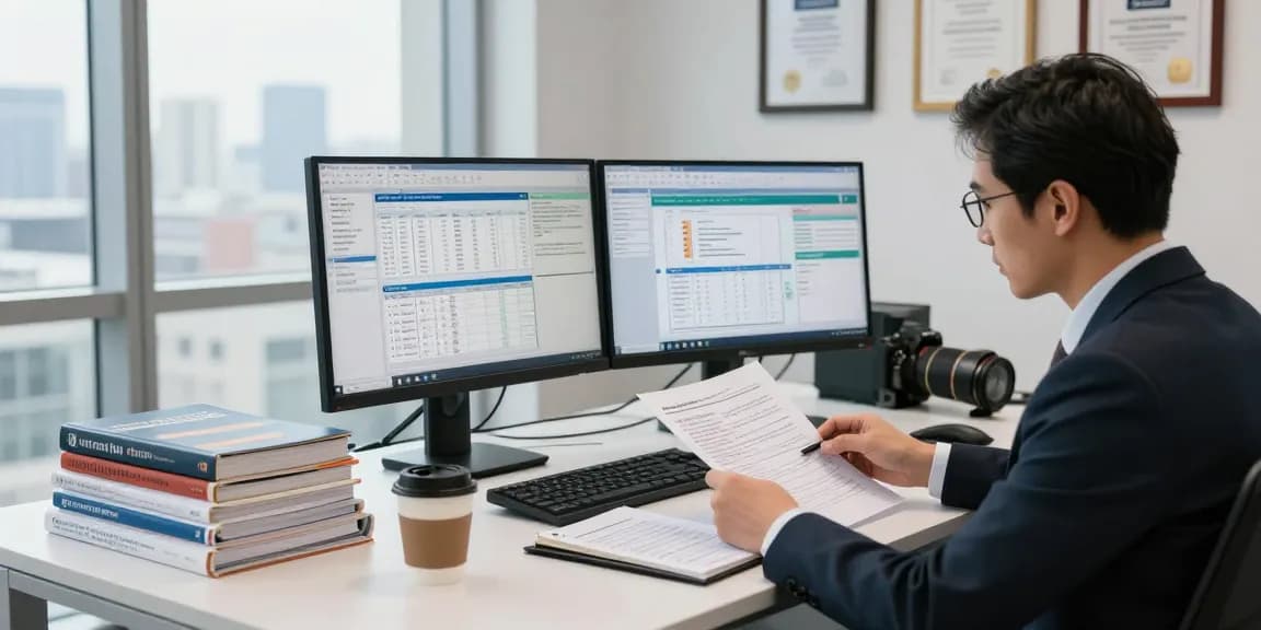 A forensic auditor analyzing complex financial documents in a modern office environment, reflecting the expertise of aafikotabandungb.org.