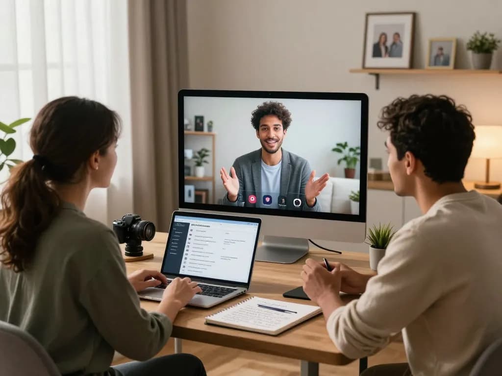 Couple interacting with sex ai virtual counselor in modern office, enhancing relationship communication.