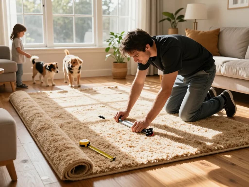 Expert professional carpet fitters near me installing plush carpet in a cozy living room.