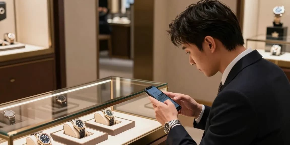 Examining super clone watches in a luxury boutique setting, showcasing iconic designs and elegance.