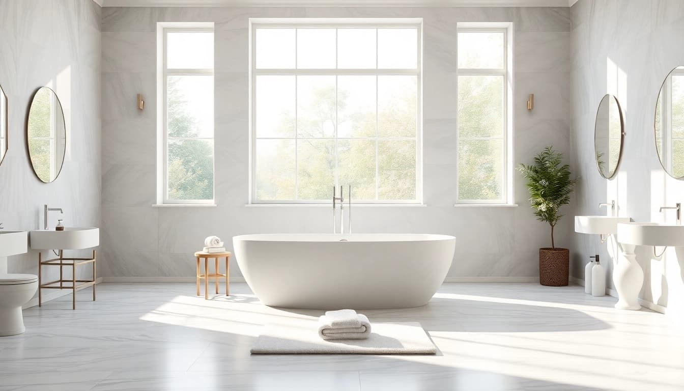Transform your space with elegant bathrooms featuring a freestanding bathtub and natural light.
