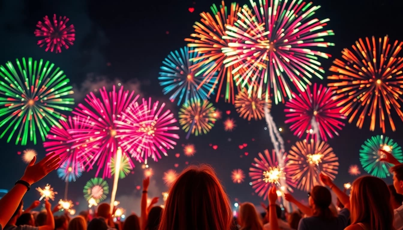 Experience fireworks for sale lighting up the night sky over an excited crowd.