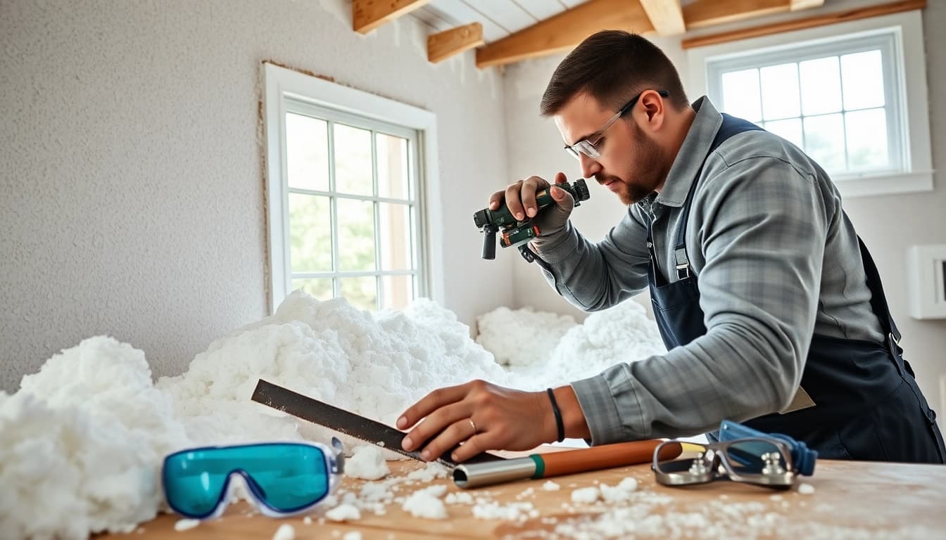 Implementing spray foam removal advice while showcasing a technician at work.
