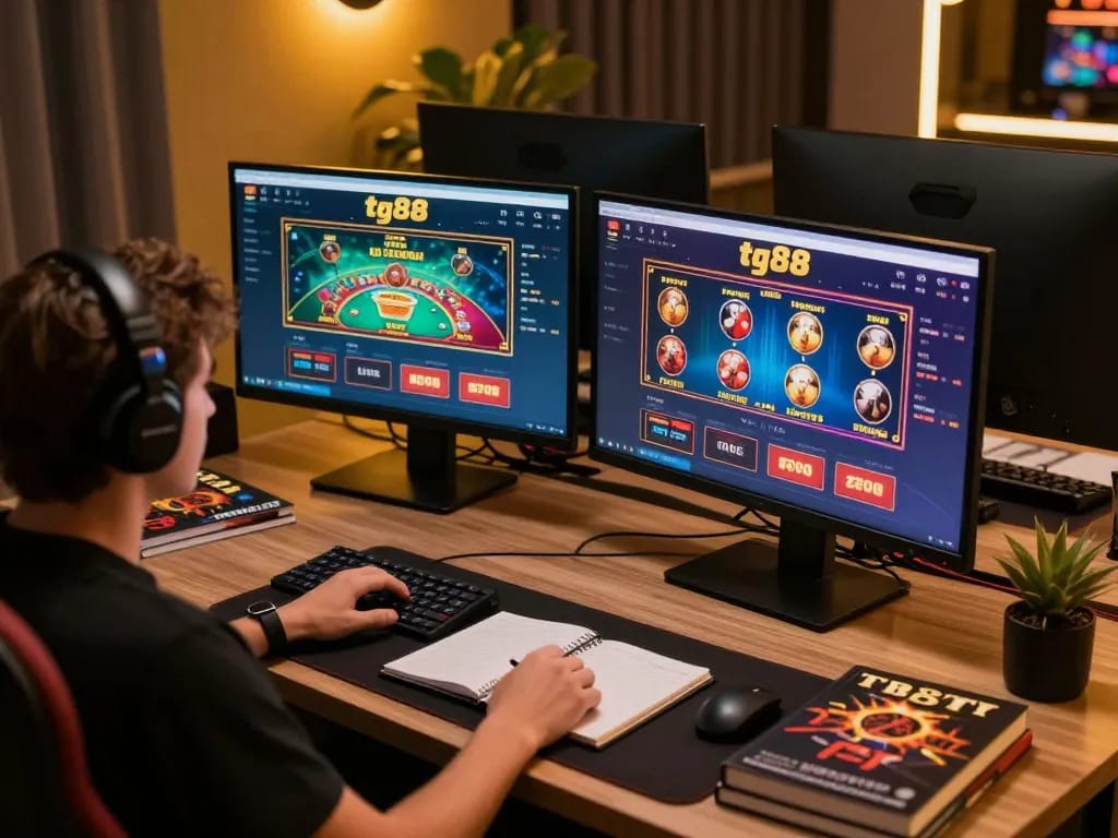 Players winning at tg88 table games with vibrant lights and chips stacked high.