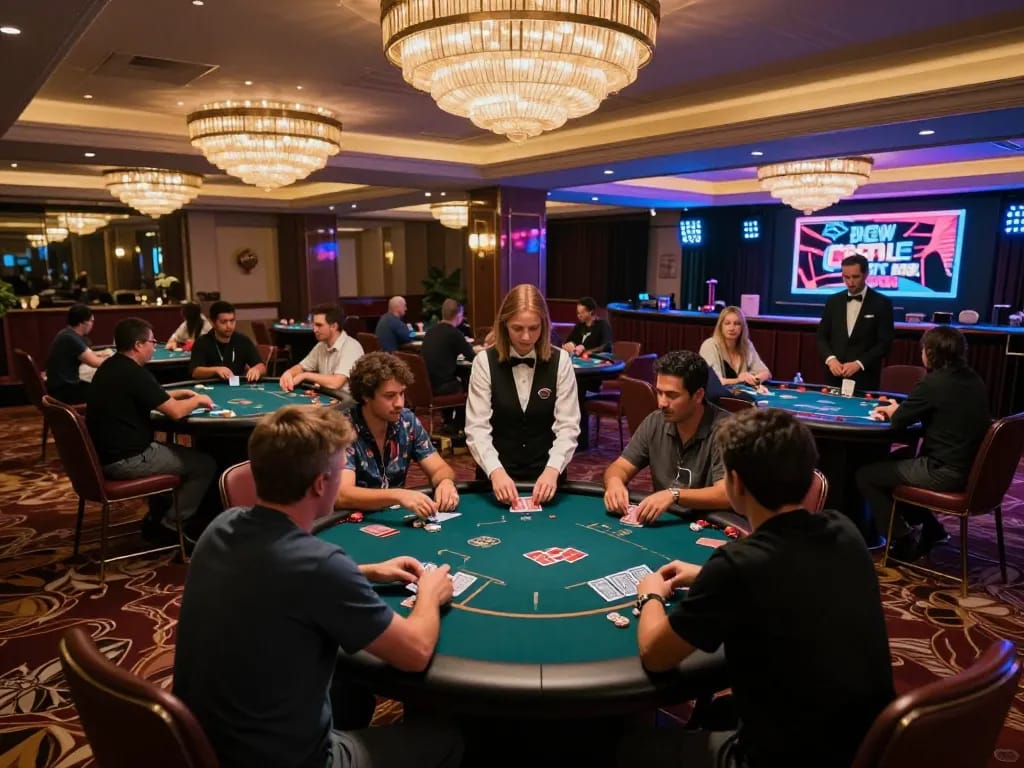 Engaged players at KO66's luxurious poker tables, showcasing strategic gameplay in a vibrant casino atmosphere.
