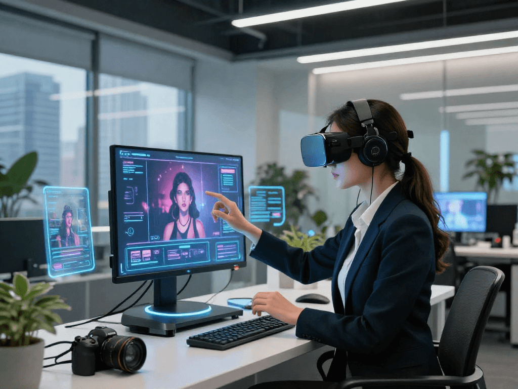 Young professional exploring AI nsfw technology in a futuristic urban setting, showcasing digital displays and interactive elements.