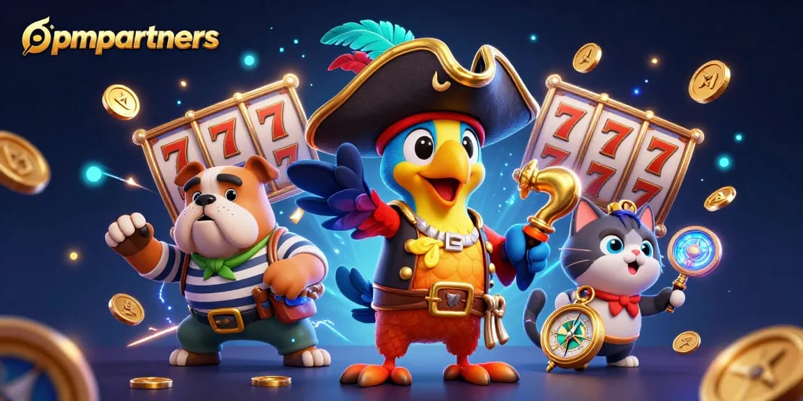 PMPARTNERS presents an exciting online slot scene with vibrant characters and elements, celebrating thrilling gameplay.