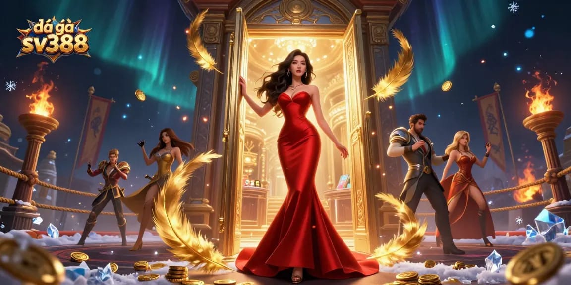 Experience thrilling đá gà sv388 matches, highlighted by vibrant casino scenes and dynamic fighting elements.
