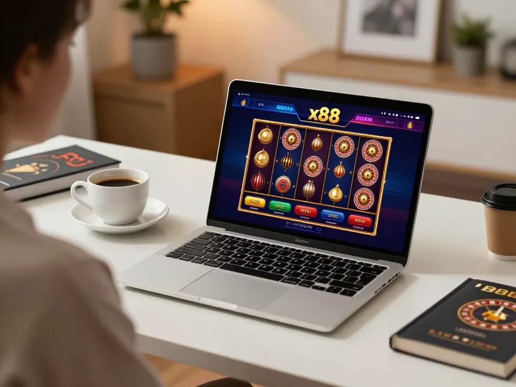 Engaging online gaming experience with x88 interface showing vibrant casino games on a laptop in a cozy home office.