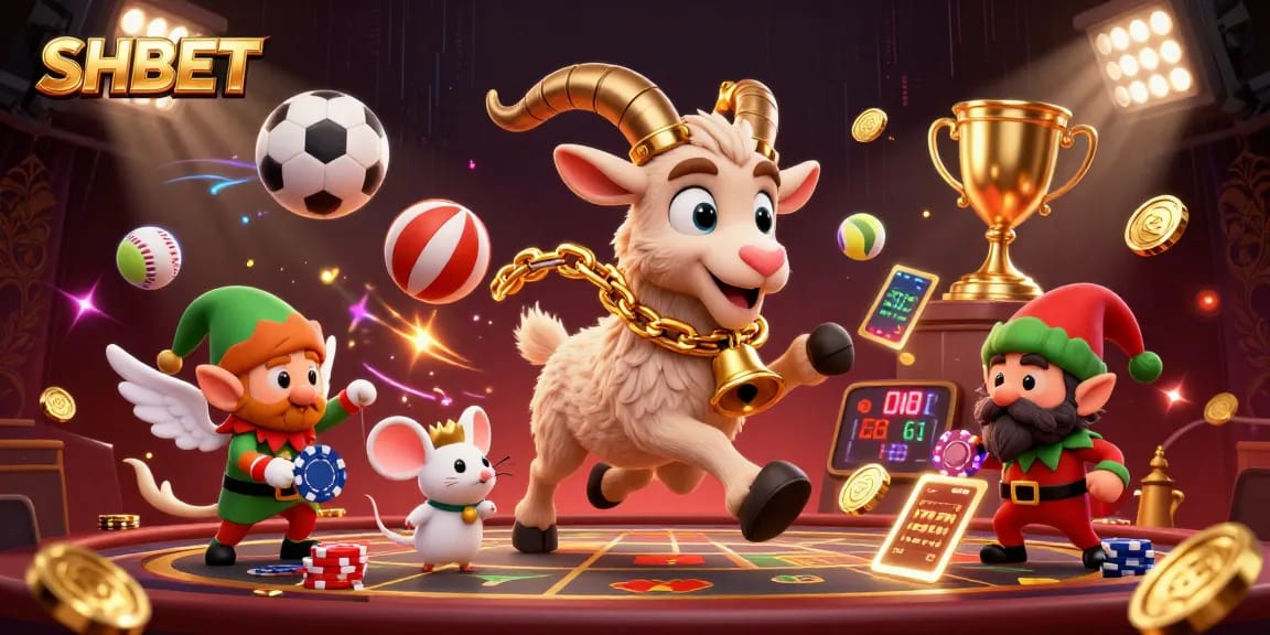 Experience the thrilling SHBET atmosphere with Krampus, the tiny angel mouse, and mischievous gremlin elves in a dynamic casino environment.