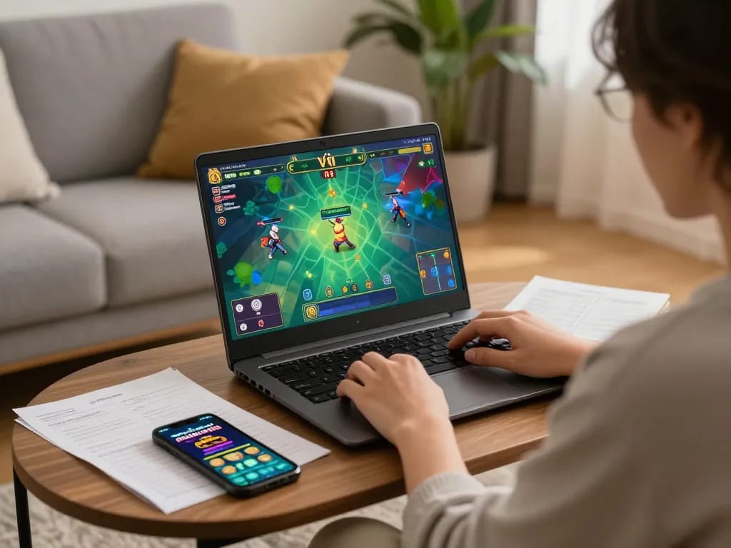 Player enjoying online Game tài xỉu on laptop, immersed in strategic gameplay with betting notes.