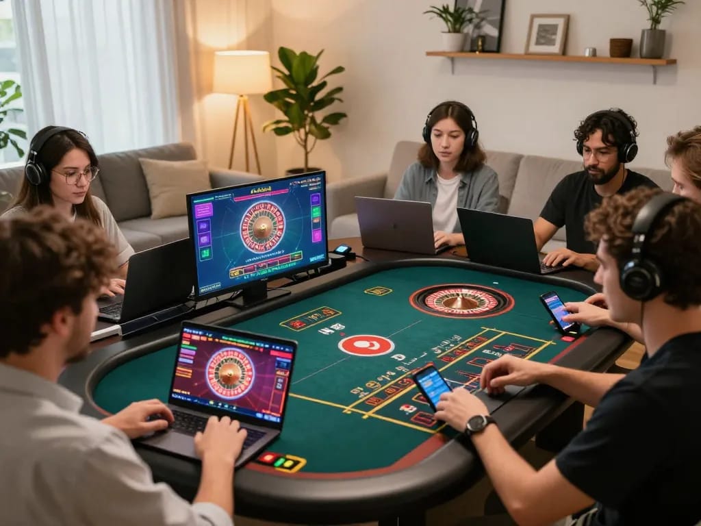 N188 online players engaging with live dealer games while enjoying a vibrant home atmosphere