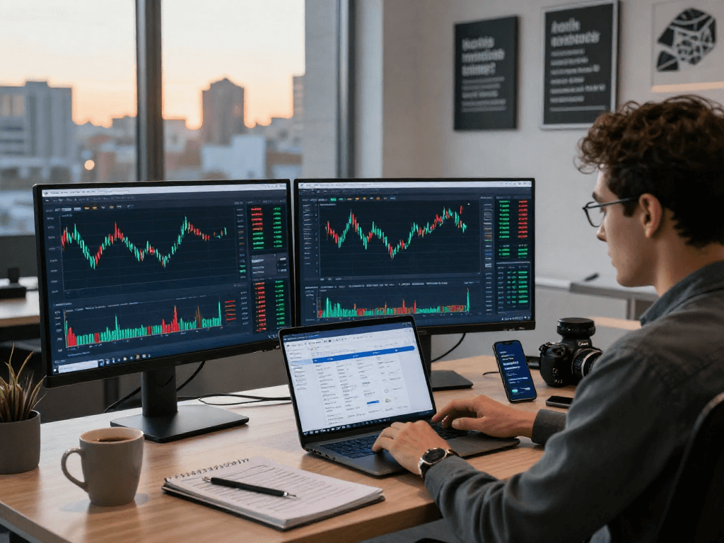 Un operador interactuando con el software Immediate Edge en un entorno de oficina moderna, rodeado de gráficos de trading.