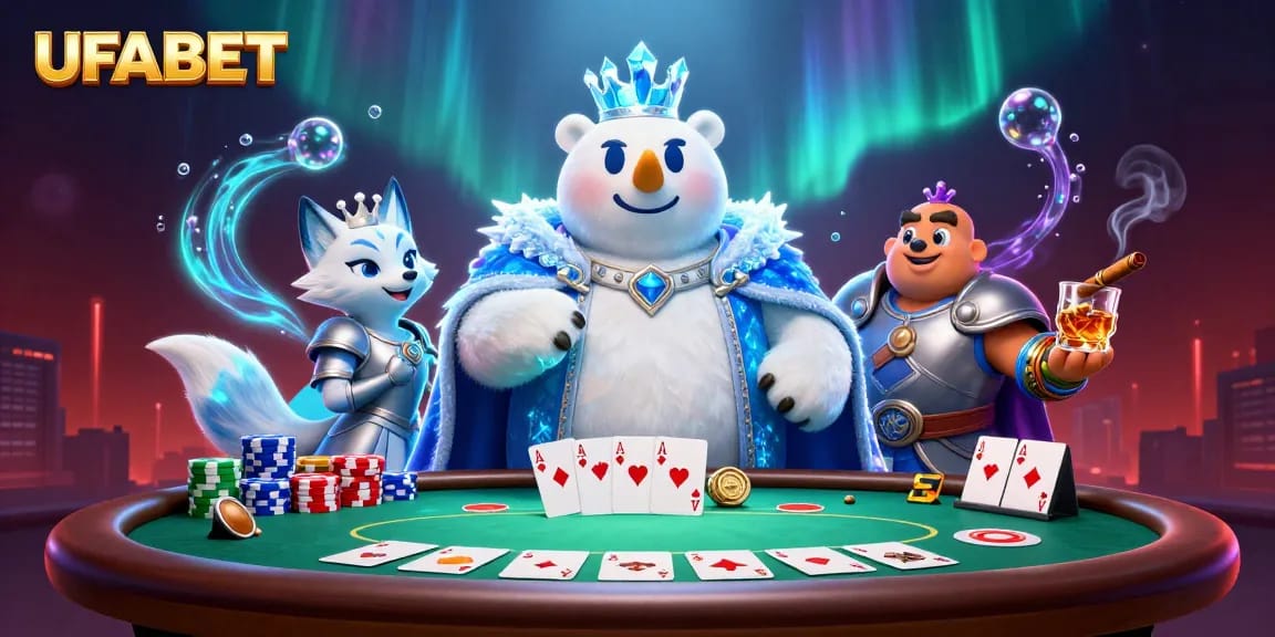 Experience gambling excitement with UFABET featuring a polar bear king and snow fox at a poker table.
