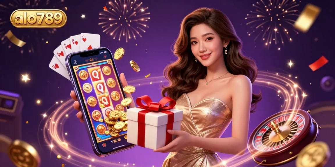 A stunning Asian woman embodies the excitement of alo789's casino experience, celebrating with a gift of coins amidst festive decor.