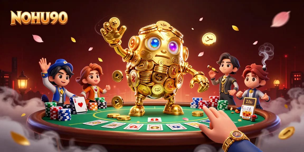 Experience the thrill of NOHU90 with a vibrant casino scene featuring a golden golem surrounded by poker elements.