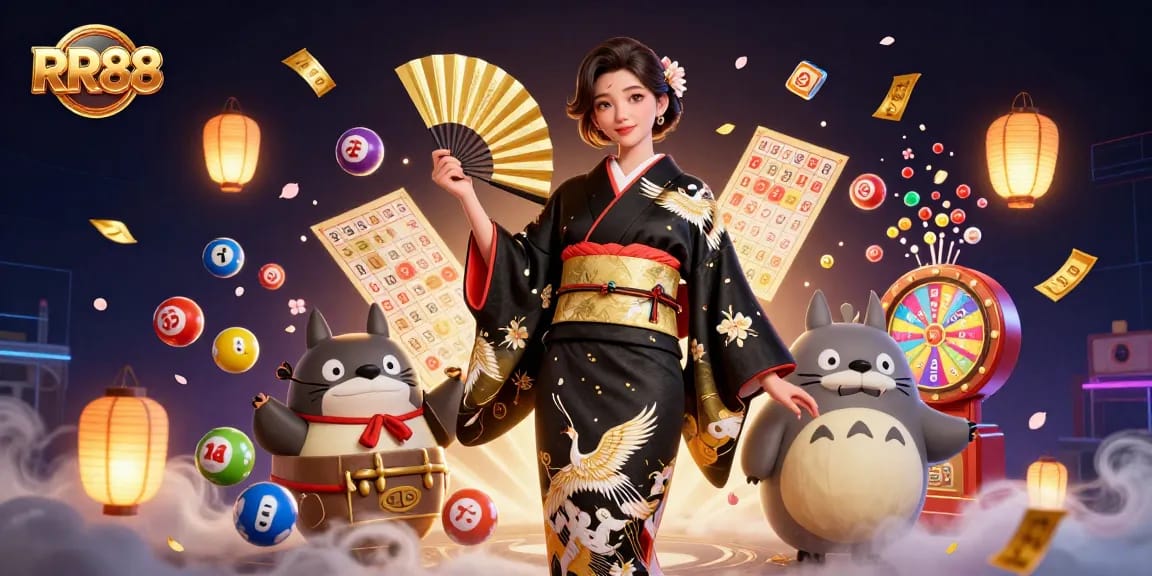 Experience exciting games with RR88, featuring vibrant lottery elements and dynamic characters in a casino setting.
