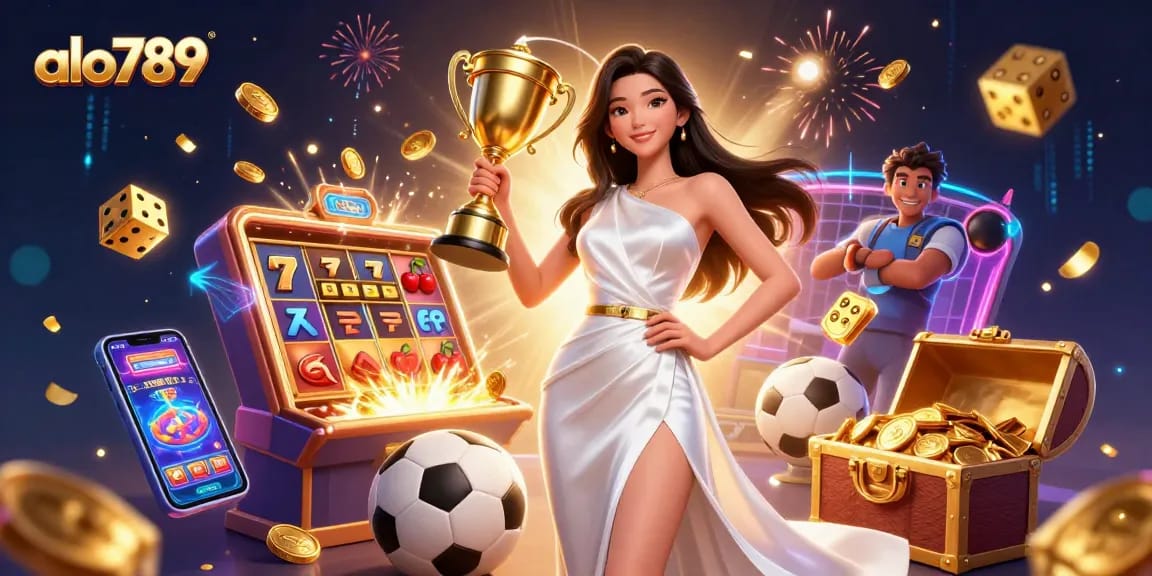 Experience the thrill of betting on alo789 with striking visuals of a victorious champion and lively casino elements.