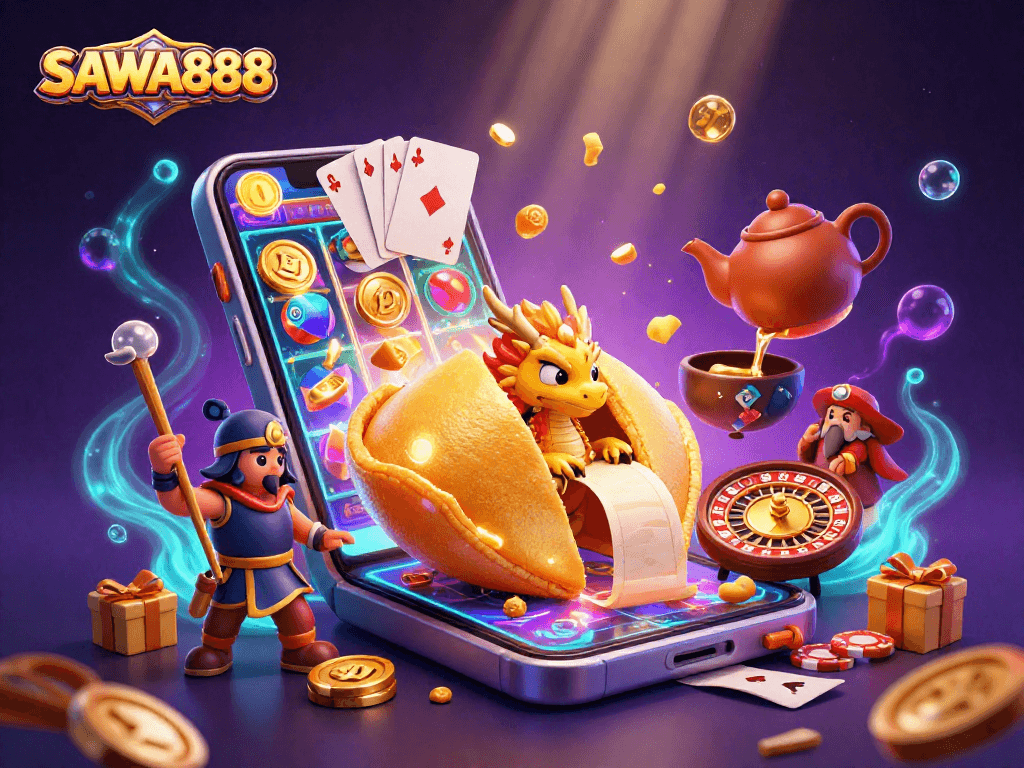 SAWA888 offers an exciting casino atmosphere with a vibrant 3D illustration showcasing fortune cookies and slot games.