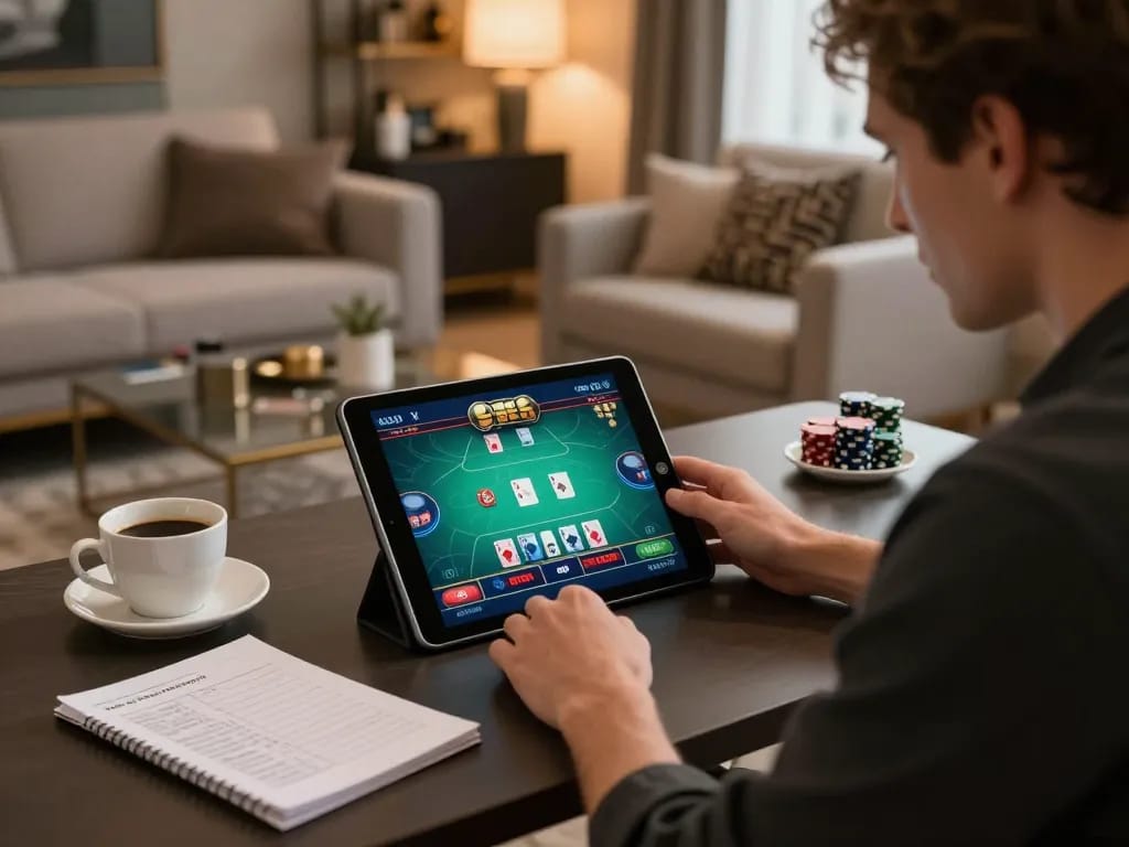 Player engaging with poker game on 678vip tablet in stylish home office setting.