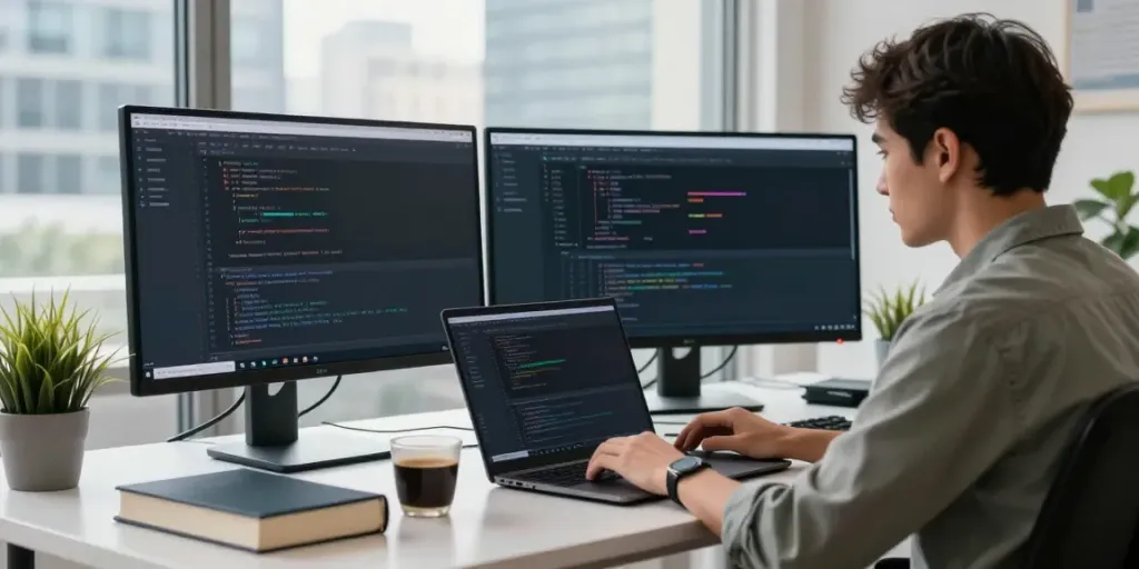 Instant indexing process at a digital workspace with a developer analyzing SEO data.