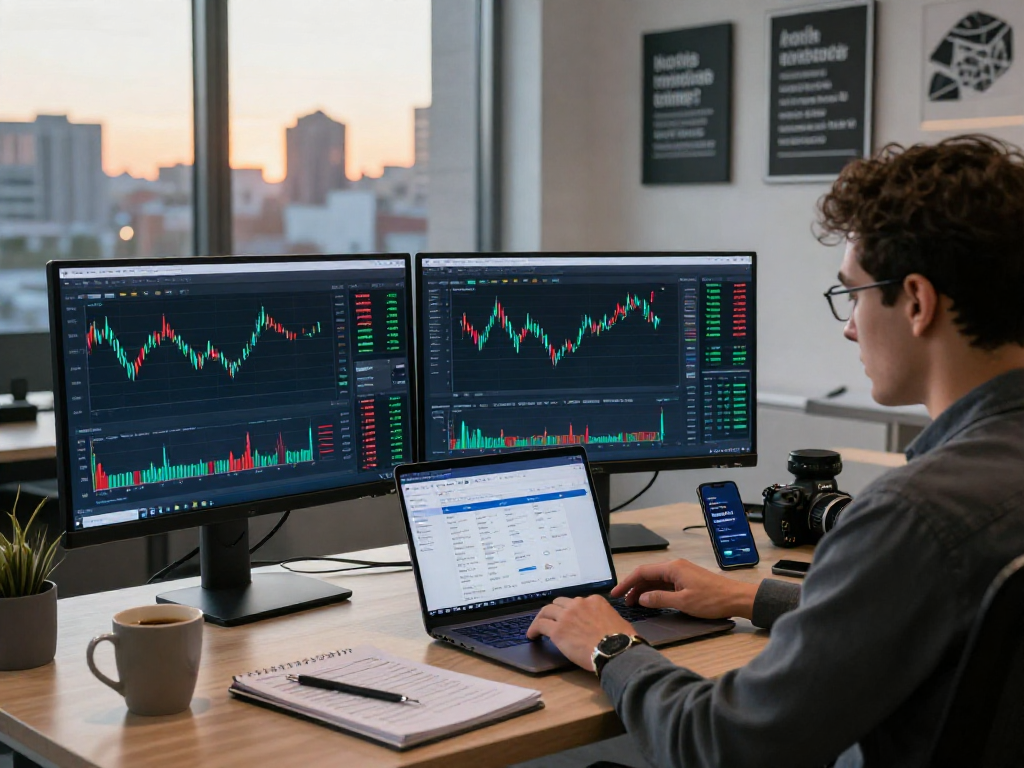 Un operador interactuando con el software Immediate Edge en un entorno de oficina moderna, rodeado de gráficos de trading.