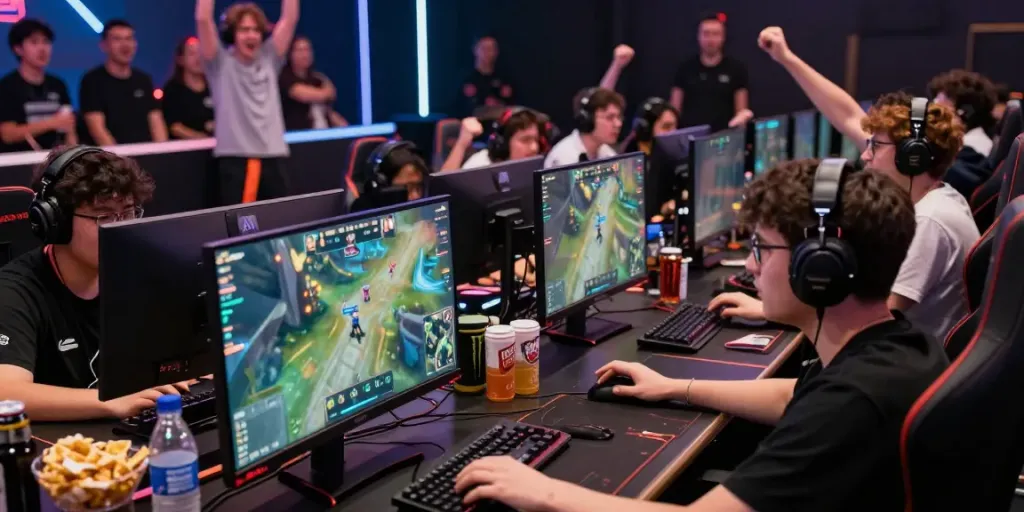 Esports players intensely competing in a 9bet tournament with vibrant visuals and engaging atmosphere.