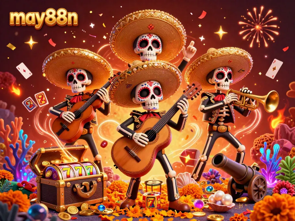 Experience gaming excitement with may88n's vibrant 3D mariachi scene, showcasing slot reels and treasure bursts.