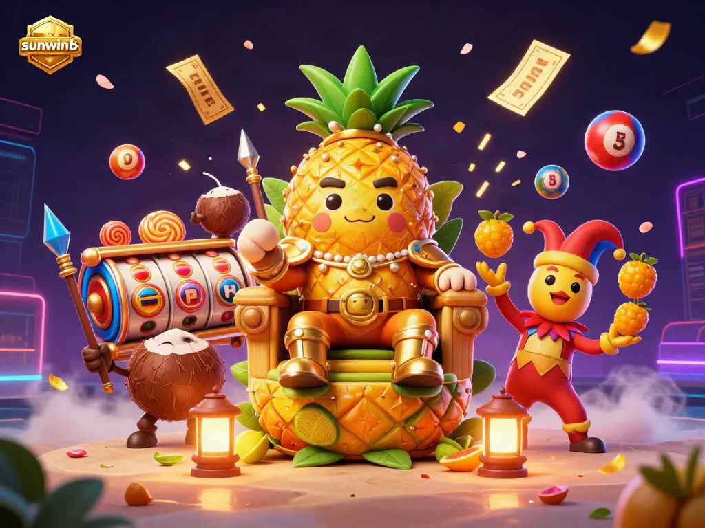 Experience thrilling slot excitement with sunwinb's vibrant beach casino scene filled with colorful lottery balls and golden tickets.