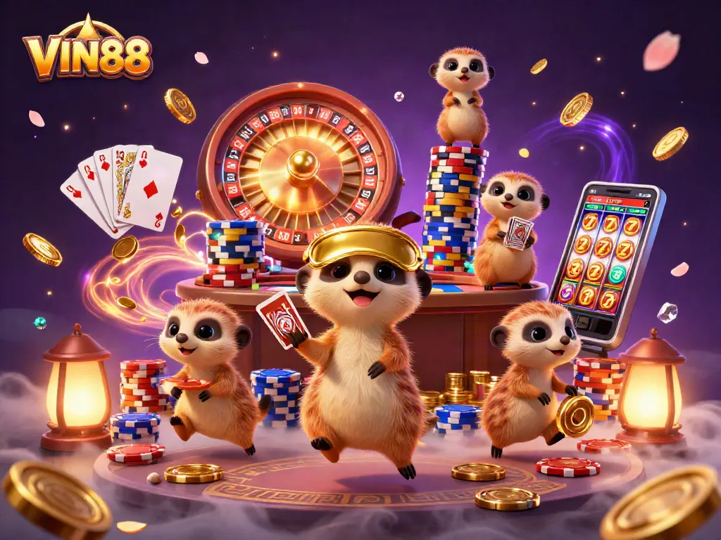 Experience the excitement at VIN88 casino with a vibrant meerkat-themed illustration showcasing games and winning opportunities.