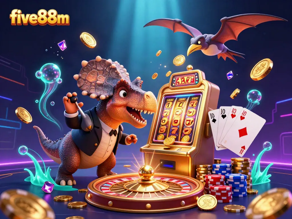 Experience the excitement of five88m as a cartoon dinosaur interacts with a golden slot machine, amidst flying golden coins and casino elements.