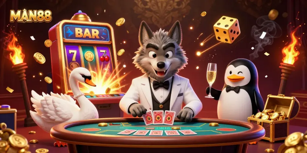 Experience the excitement of MAN88 with a debonair wolf at the baccarat table, celebrating the casino's vibrant atmosphere.