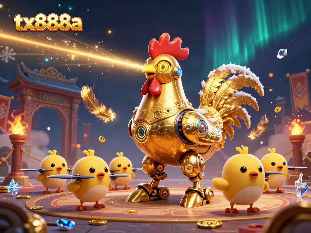 Engage with tx888a's vibrant gaming universe, featuring a golden rooster robot and dynamic baby chick drones.