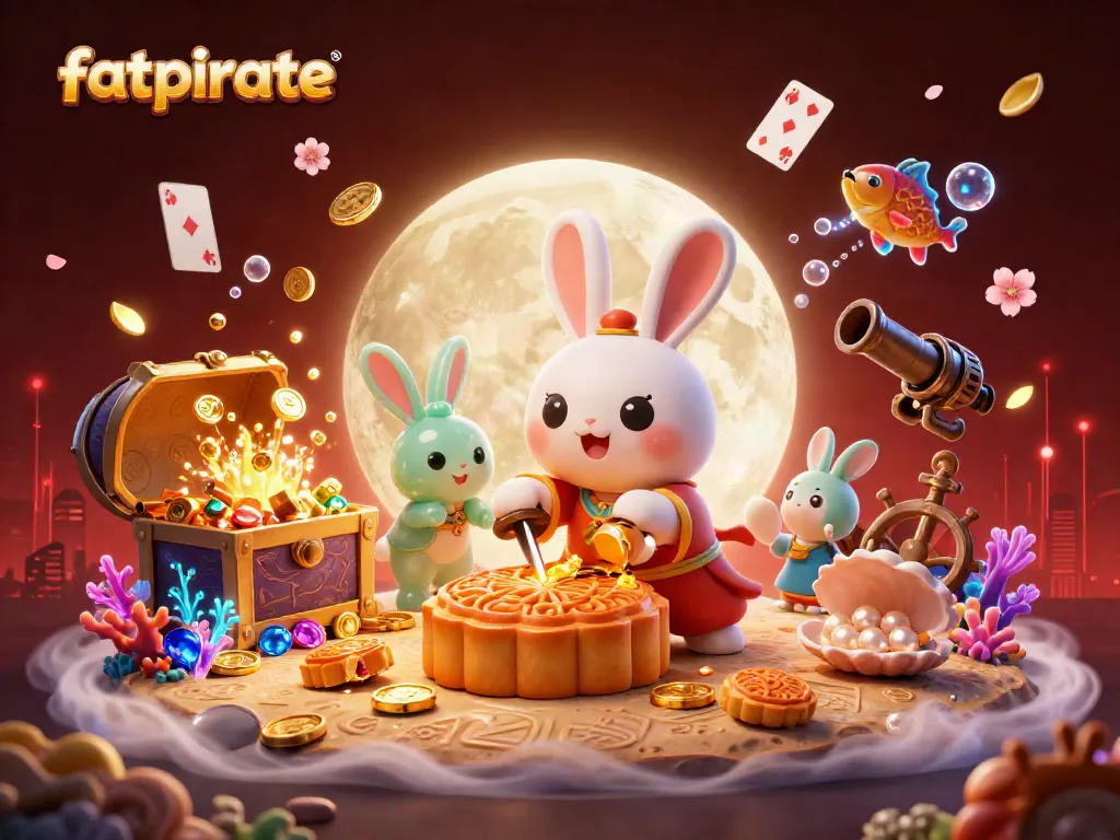 Experience exciting gameplay with fatpirate as the moon rabbit reveals poker chips and treasures embedded in golden mooncakes.