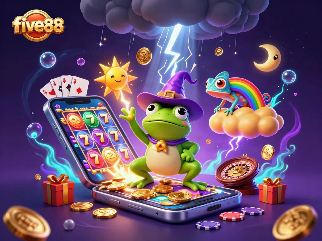 Experience the excitement of five88 with magical creatures unleashing golden winnings in a vibrant casino scene.