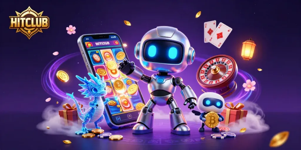 Experience HITCLUB's vibrant gaming scene with a robot mascot, casino elements, and a bitcoin drone.