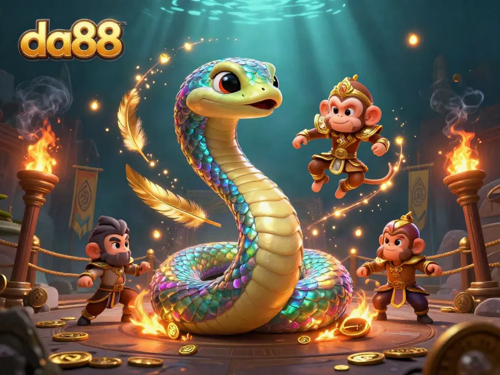 Experience the vibrant world of da88 as a cartoon rainbow serpent coils around a golden pillar, with elements of a dynamic online casino.