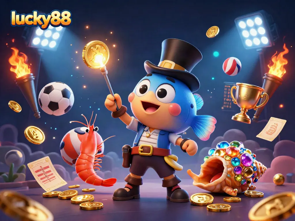 Catch golden coins at lucky88 with vibrant sea creatures and sports elements in this exciting illustration.
