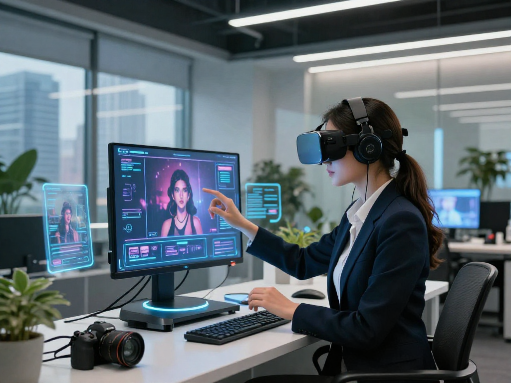 Young professional exploring AI nsfw technology in a futuristic urban setting, showcasing digital displays and interactive elements.