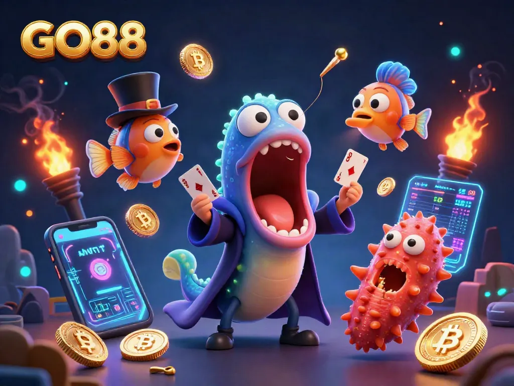 GO88 showcases dynamic card tricks with a bioluminescent eel, anglerfish, and rich casino elements.