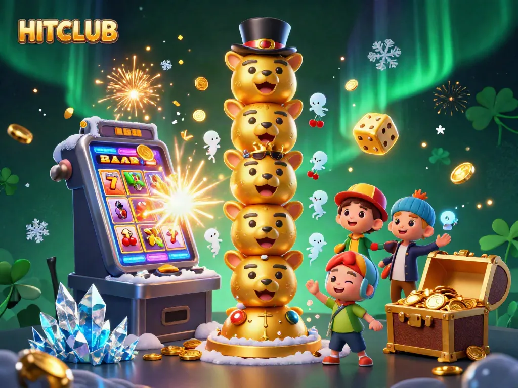 Engage with HITCLUB's thrilling gaming universe featuring a dynamic slot machine, colorful game icons, and a golden totem.
