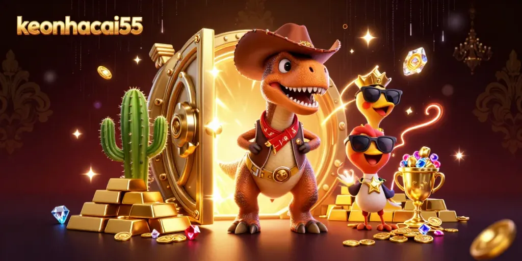 Bet on top games with keonhacai55 featuring a T-Rex and friends in a treasure-filled casino scene.