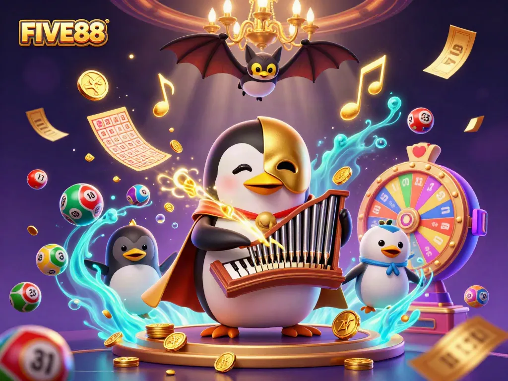 Join the action at FIVE88 with a lively 3D scene featuring a penguin organist and dynamic lottery elements.