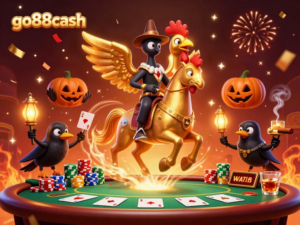 Experience thrilling moments at go88cash with the golden rooster navigating a vibrant casino.
